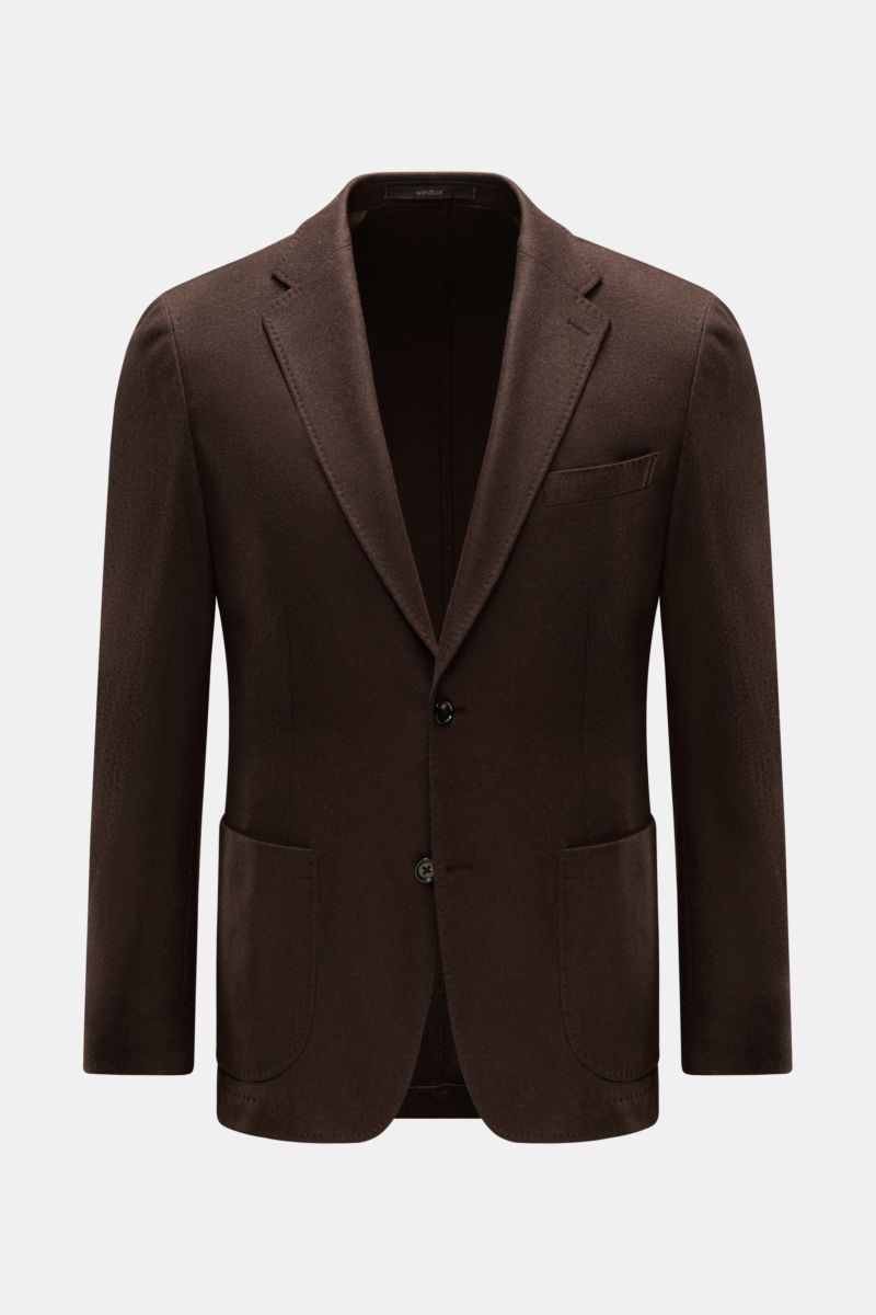 Front view of the Windsor Cashmere jacket 'Giro' dark brown, a stylish business essential in cashmere knit with slim fit, step lapel, two-button style, classic breast pocket, patch hip pockets, kissing buttons, side back vents, unconstructed design, and t