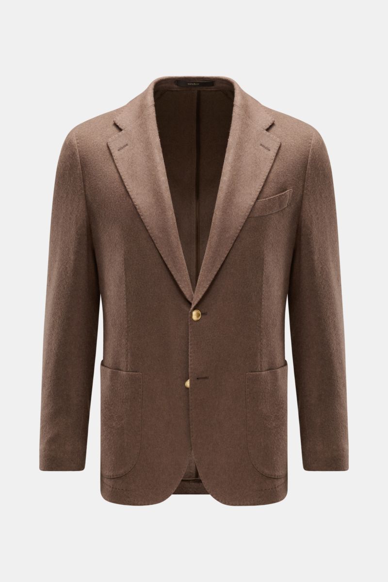 Windsor Cashmere Sakko 'Giorno' graubraun front view with slim fit, elastic cashmere, two-button style, patch pockets, and soft texture.