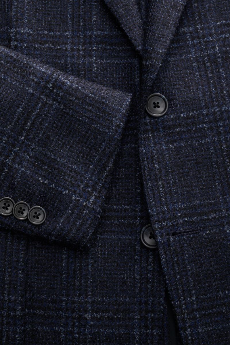 Tagliatore Sakko 'Monte Carlo' navy/dunkelblau/rauchblau kariert, Slim Fit, Unconstructed Woll-Mix, Glencheck, zwei Knöpfe, fallendes Revers, Nahaufnahme Front- und Ärmelansicht.