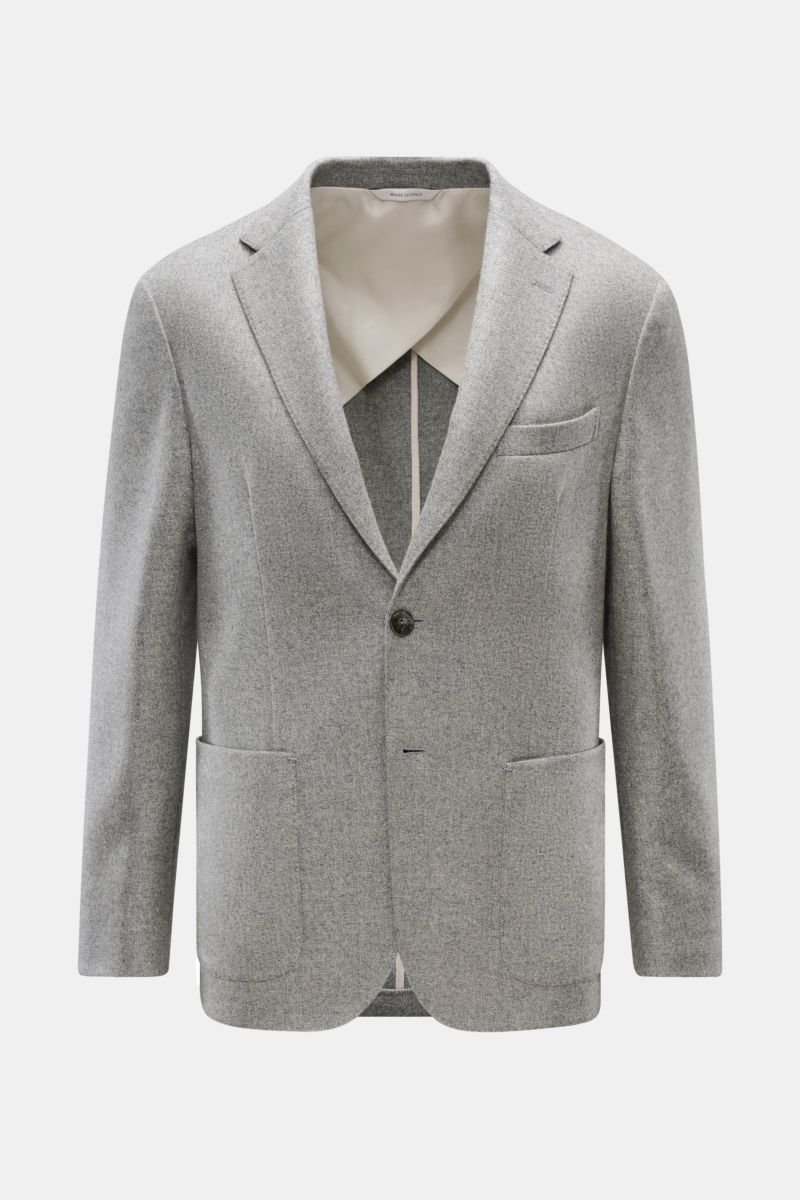 Vorderansicht des taillierten Agnona Cashmere Sakko grau meliert mit fallendem Revers, zwei Knöpfen, Brusttasche, Hüfttaschen, halb gefüttert.