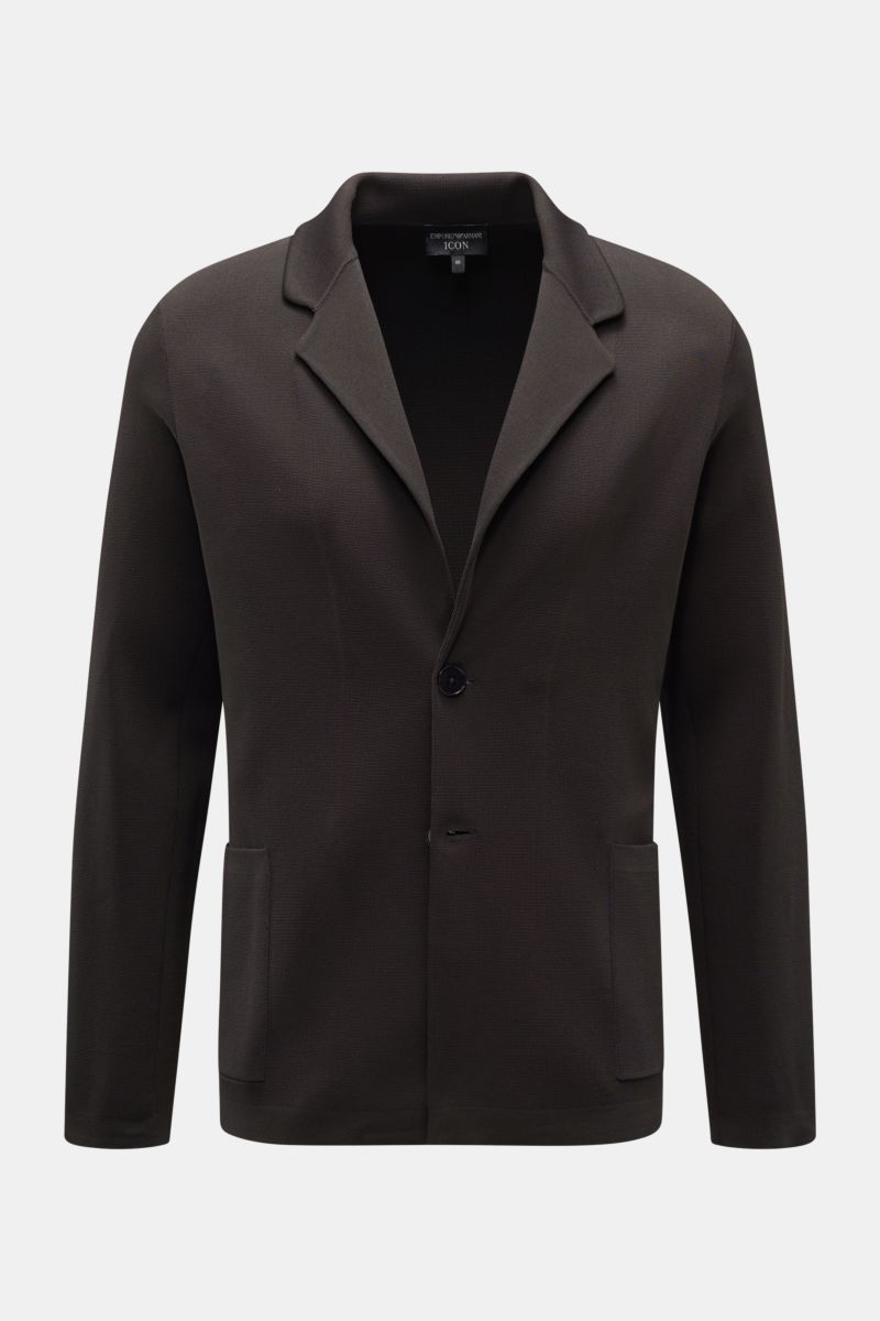 Emporio Armani Strickblazer 'Icon' anthrazit, frontal fotografiert, Slim Fit Jersey aus Viskose, Zwei-Knopf-Stil, fallendes Revers, aufgesetzte Hüfttaschen, Unconstructed Design.