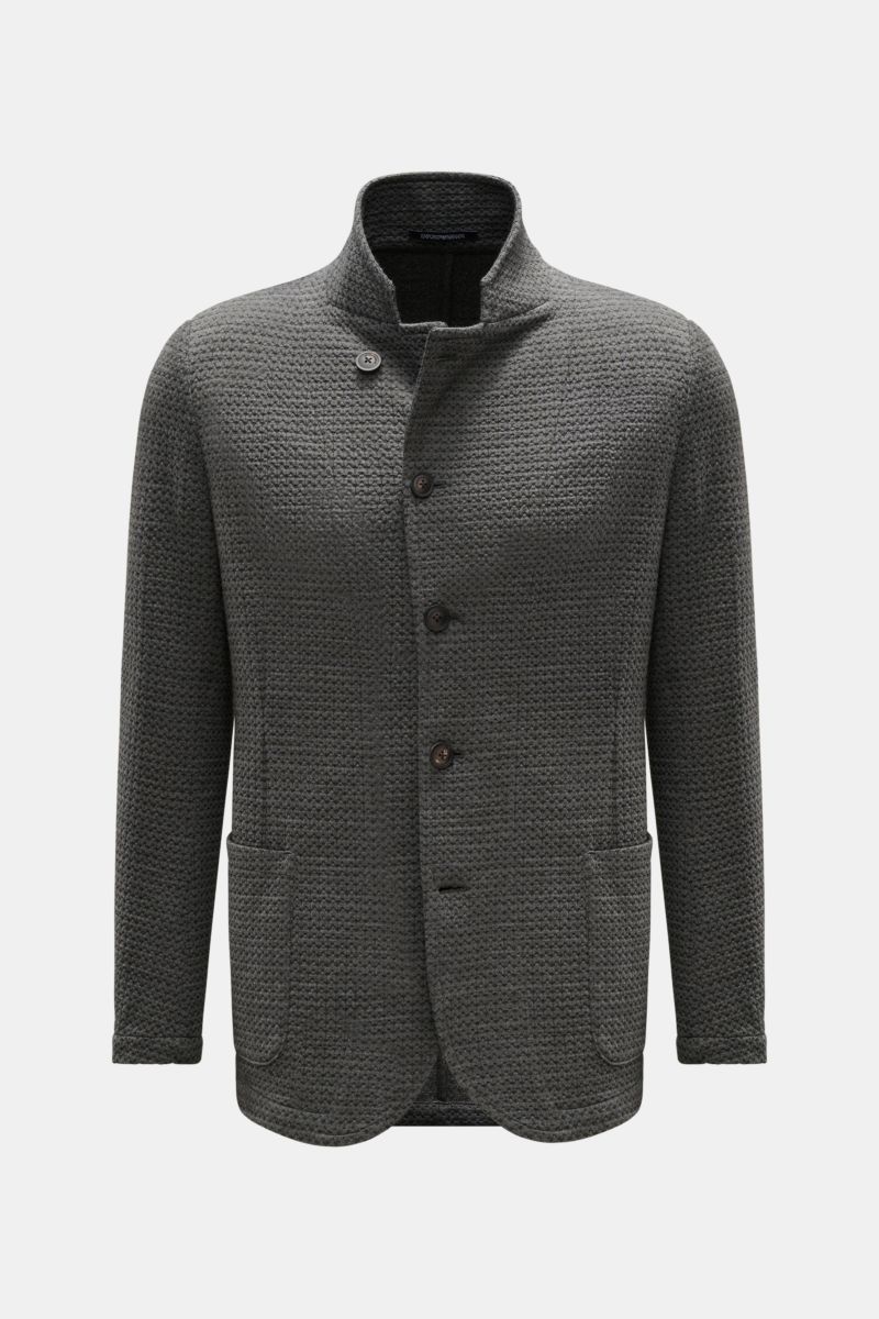 Front view of Emporio Armani Strickblazer dunkelgrau meliert, a slim fit dark grey knit blazer with soft wool blend, five-button closure, patch pockets, unconstructed design, and a textured pattern.