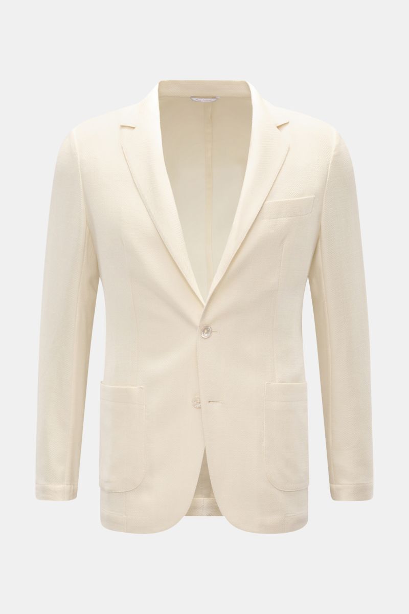 Front view of Marco Pescarolo Blazer 'Giove' cream, a slim-fit lightweight blazer with step lapel, two-button closure, and patch pockets.

Lightweight blazer with maximum comfort: MARCO PESCAROLO designs not just elegant trousers but also blazers to go