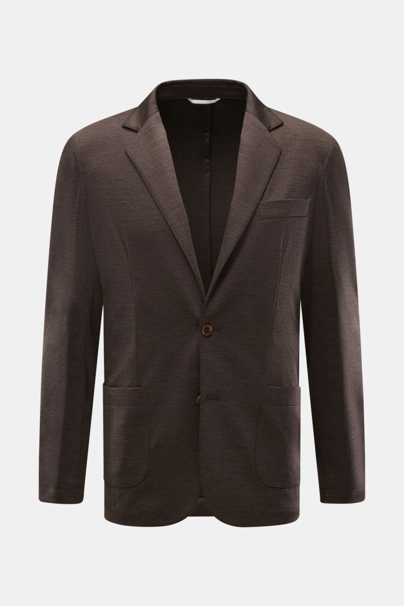 Front view of the Marco Pescarolo Blazer 'Giove' dunkelbraun meliert, a lightweight dark brown melange blazer with notch lapels, two-button closure, chest and patch hip pockets, made from pure virgin wool jersey.

Leichter Blazer mit höchstem Tragekomf