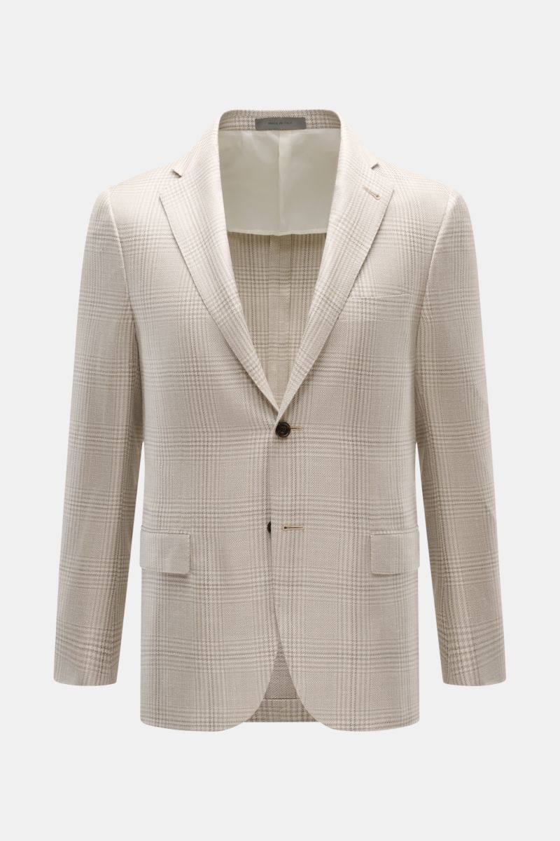 Front view of Corneliani Smart-casual jacket light grey/cream checked, slim fit with classic glen check, two-button style, step lapel.

Stylish and uncomplicated – with its comfortably lightweight blend of wool, silk and linen and its high-quality deta