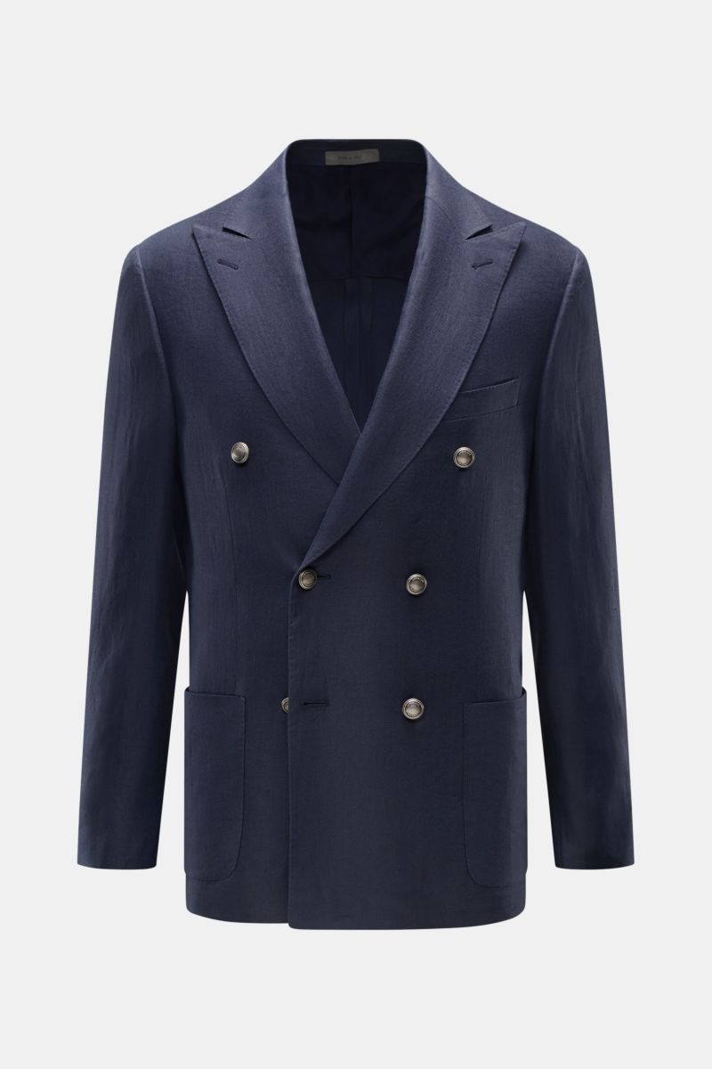 Front view of Corneliani Leinensakko graublau, a slim fit, pure linen double-breasted blazer with soft texture, peak lapels, chest and hip patch pockets, unfinished sleeves, rear side vents, half lining, and four inner pockets, perfect for a summer dinner
