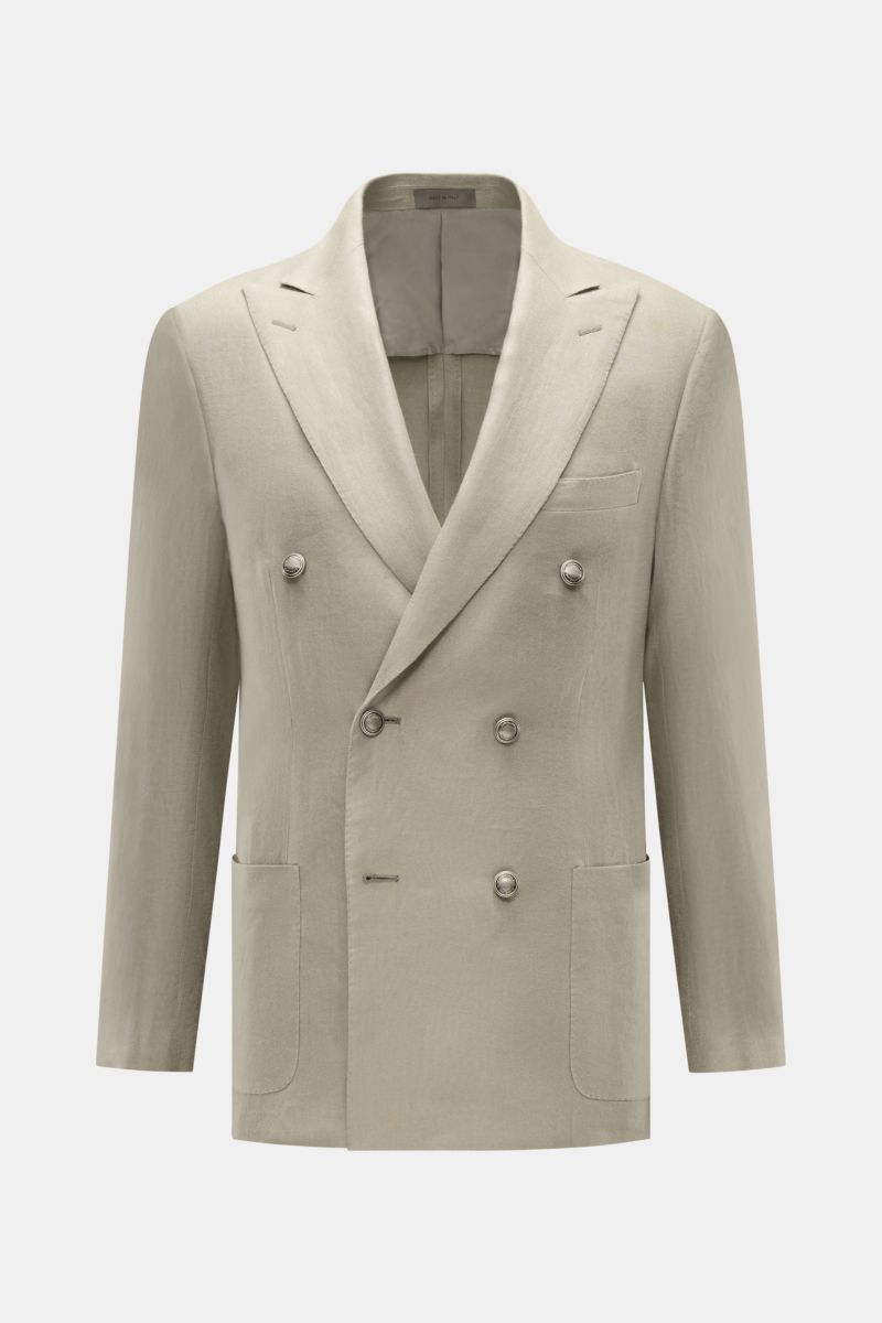 Corneliani Leinensakko salbei, frontale Ansicht, zweireihig, Slim Fit, reines Leinen, weicher Griff, Brust- und Hüfttaschen, halb gefüttert.