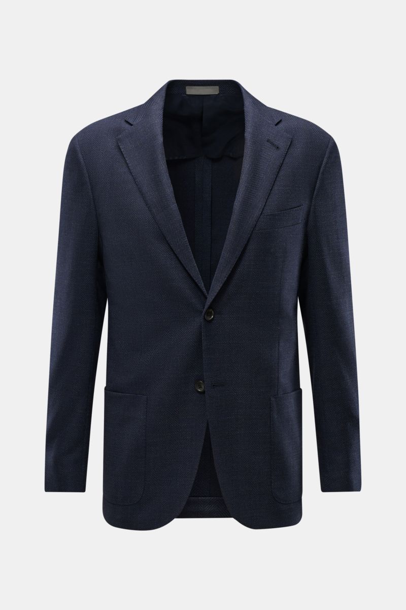 Front view of Corneliani Smart-casual jacket navy mottled in fine elastic virgin wool with slim fit, two-button style, step lapel, breast and patch hip pockets.