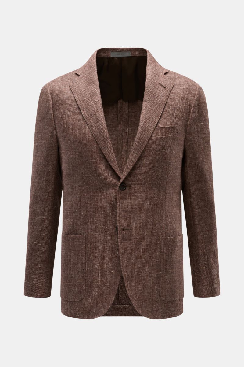 Alt tag (124 characters): Front view of Corneliani Smart-casual jacket brown melange in virgin wool and linen with slim fit and step lapel.

Description: 
Superlative style from CORNELIANI: in an optimal fit made with Italian expertise, this smart-casu