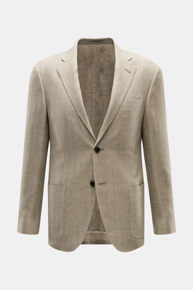 Front view of Corneliani Sakko taupe gemustert, a slim fit jacket in wool-linen mix with tonal herringbone pattern, two-button style.

Stilvoll durch die neue Saison: mit optimalem Fit aus italienischer Meisterhand von CORNELIANI wurde dieses Sakko aus