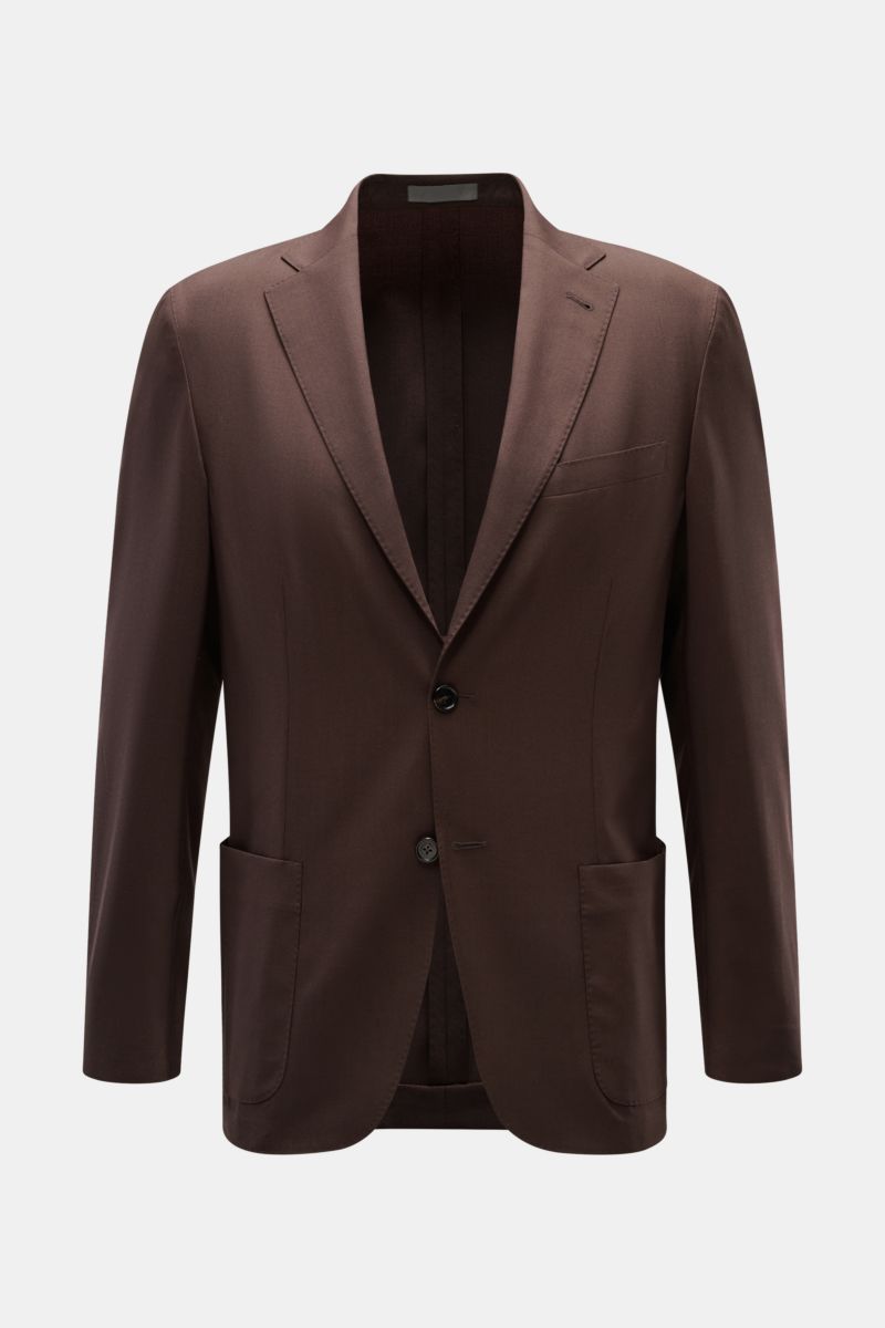 Front view of Corneliani Smart-casual jacket dark brown in wool-silk blend, slim fit with step lapel, breast pocket, patch hip pockets, and two-button closure.

Easy style all summer long: this smart-casual jacket in a fine wool-silk blend has been mad