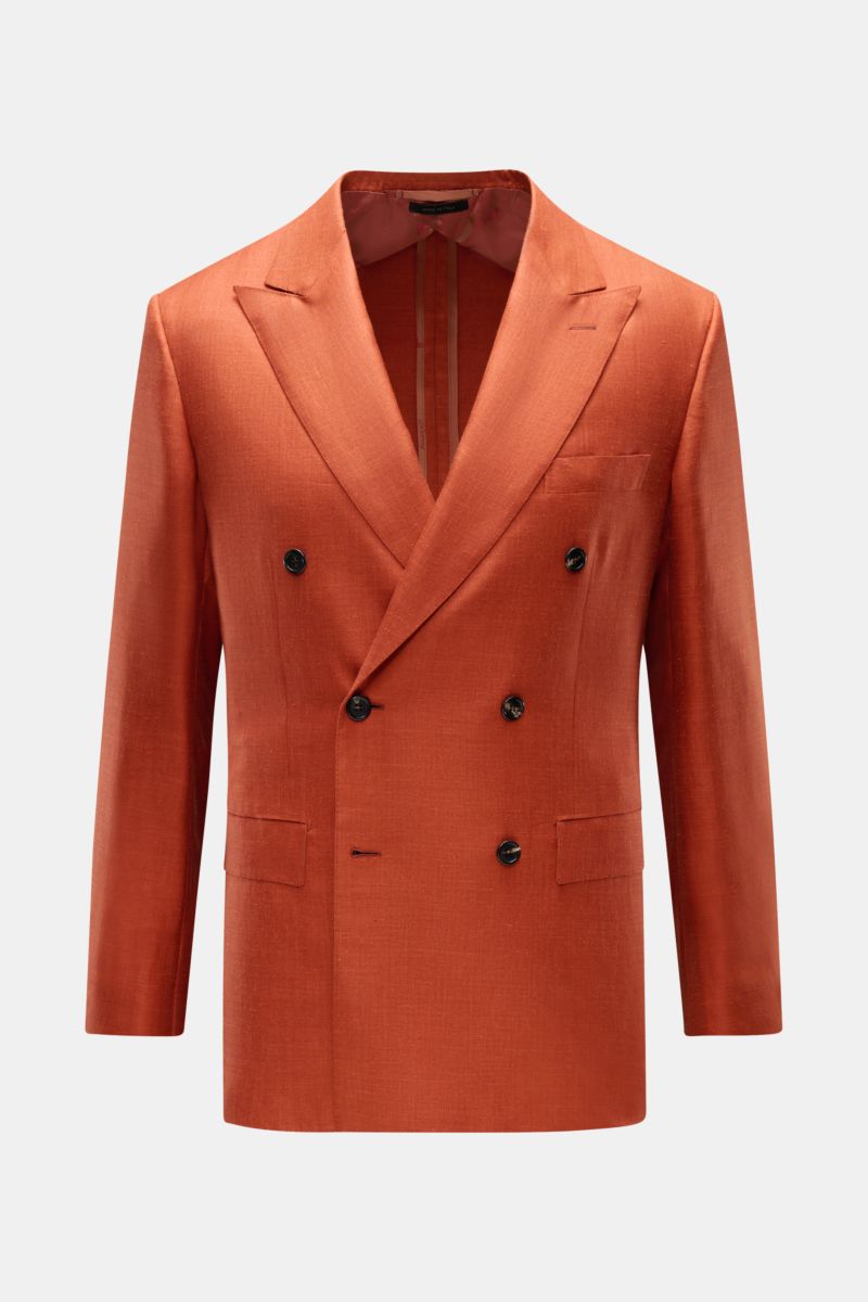 Front view of Brioni Smart-casual jacket 'New Plume' red brown mottled, double-breasted with pointed lapels, breast and flap hip pockets.

Description: Made of a sophisticated blend of silk and cashmere, the smart-casual jacket 'New Plume' by BRIONI co