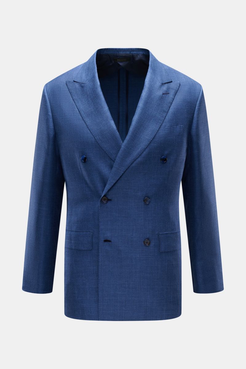 Brioni Sakko 'New Plume' graublau meliert, zweireihig, Slim Fit, Seiden-Cashmere-Leinen-Mix, Spitzrevers, Brusttasche, halb gefüttert, frontal fotografiert.