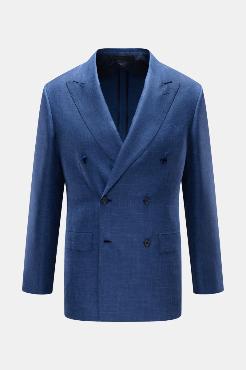 Frontale Aufnahme des Brioni Sakkos 'New Plume' graublau meliert aus leichter Seiden-Cashmere-Leinen-Melange, Slim Fit, zweireihig.