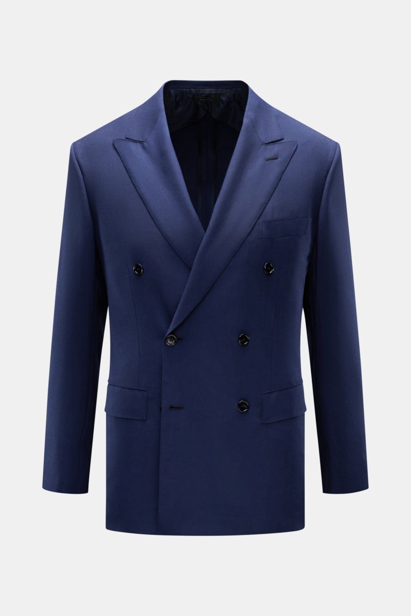 Brioni Sakko 'New Plume' dunkelblau meliert, Slim Fit, zweireihig, aus reinem Cashmere, mit Spitzrevers, Brust- und Hüfttaschen, frontal fotografiert.