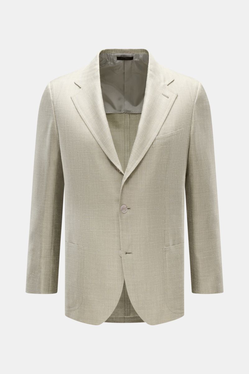 Front view of Brioni Smart-casual jacket 'Amalfi' sage mottled, made from a lightweight wool, silk, and linen blend with slim fit and step lapel, featuring a three-button style, classic breast pocket, patch hip pockets, unfinished sleeve cuffs, side vents