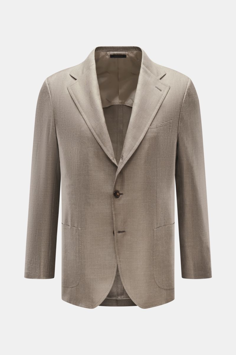 Front view of Brioni Smart-casual jacket 'Amalfi' grey mottled, silk-cashmere-linen blend, soft, lightweight, slim fit, three-button style, step lapel, breast and patch hip pockets, unfinished cuffs, side vents, half lined, two inside pockets.