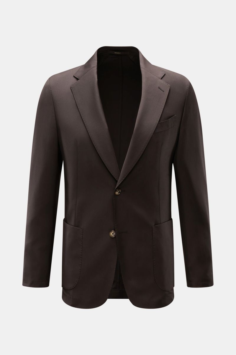 Windsor Sakko 'Travel' dunkelbraun, Slim Fit, Unconstructed Design, tailliert mit fallendem Revers, zwei Knöpfen, Brust- und Hüfttaschen, frontale Ansicht.
