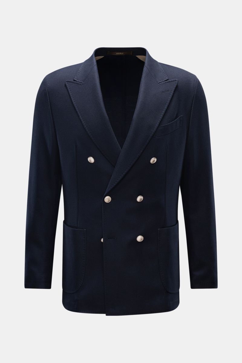 Windsor Sakko 'Salio' navy, frontal fotografiert, zweireihig mit drei Knöpfen, Mix aus Wolle und Baumwolle, Slim Fit, Spitzrevers, Brust- und Hüfttaschen.