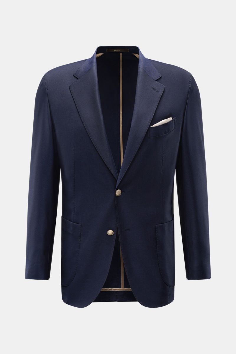 Windsor Sakko 'Giornos' navy frontal, tailliert, Slim Fit aus reiner Schurwolle mit Einstecktuch, fallendem Revers, Zwei-Knopf-Stil, Kissing Buttons.