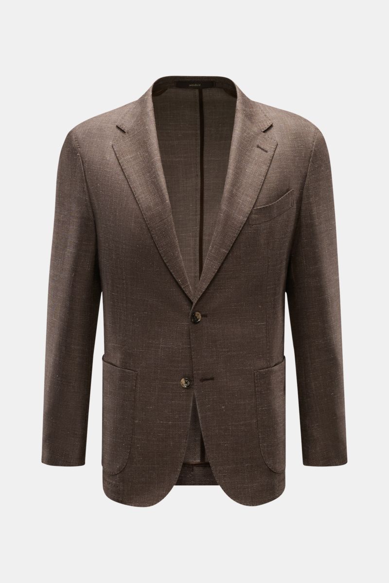 Windsor Sakko 'Giorno' graubraun meliert, Slim Fit, aus Leinen-Wolle, Unconstructed Design, fallendes Revers, Zwei-Knopf, frontale Ansicht.