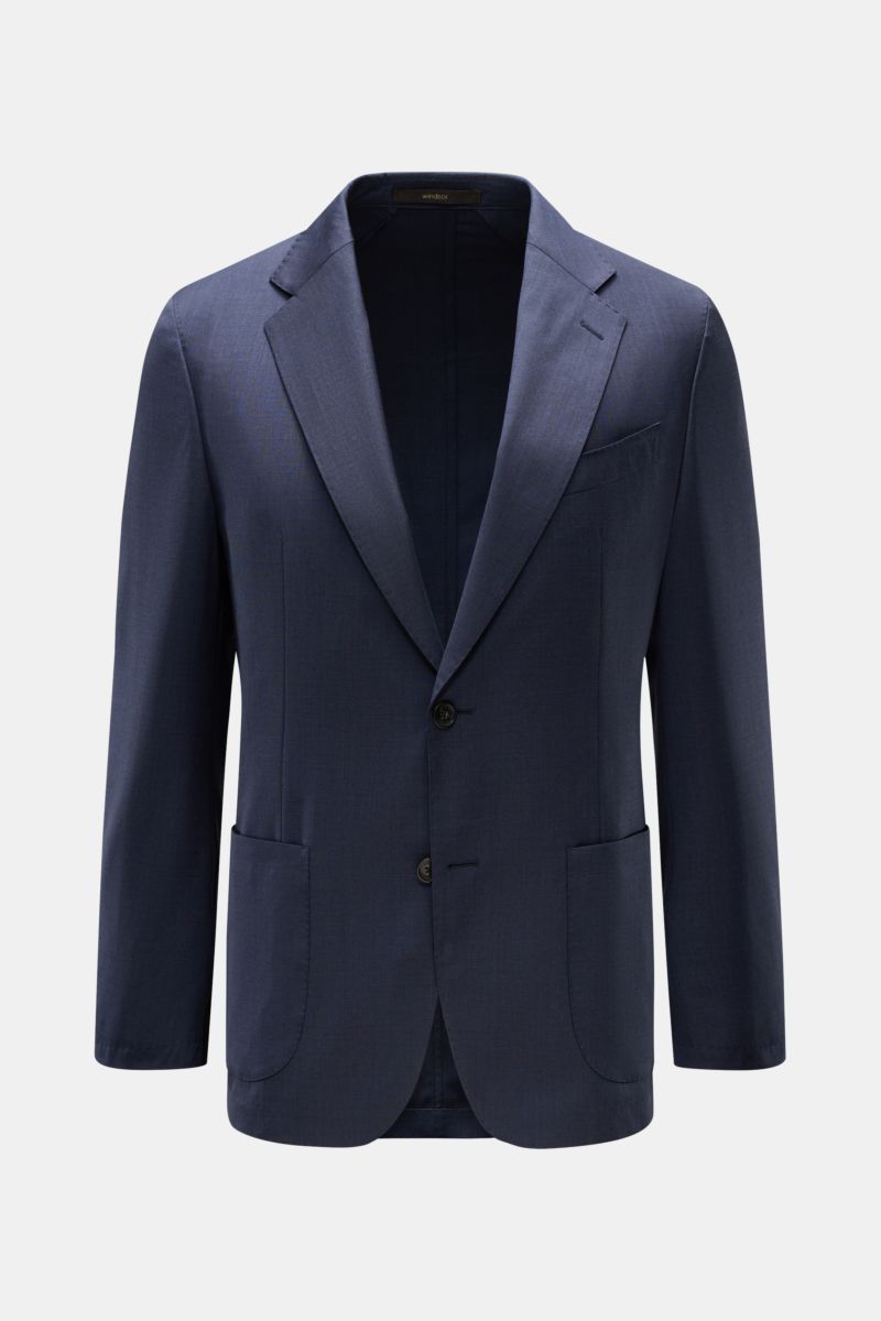 Windsor Sakko 'Travel' navy meliert, Slim Fit, feine Wolle, glatter Griff, fallendes Revers, Zwei-Knopf-Stil, Brust- und Hüfttaschen, Frontansicht.