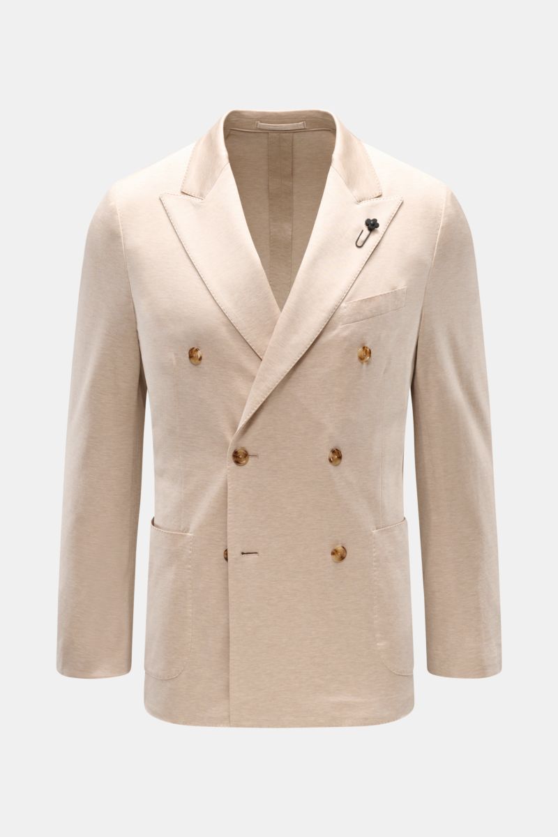 Front view of Lardini Jersey jacket beige mottled, a double-breasted slim fit cotton jersey jacket with pointed lapel, floral pin, patch hip pockets, and unfinished sleeve cuffs. Comfortable and elegant: This double-breasted smart-casual jacket by LARDINI