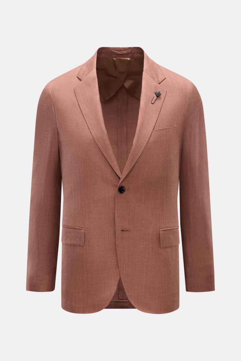Front view of Lardini Smart-casual jacket brown melange in wool with silk and linen, slim fit, two-button style, pointed lapel with floral pin. 

