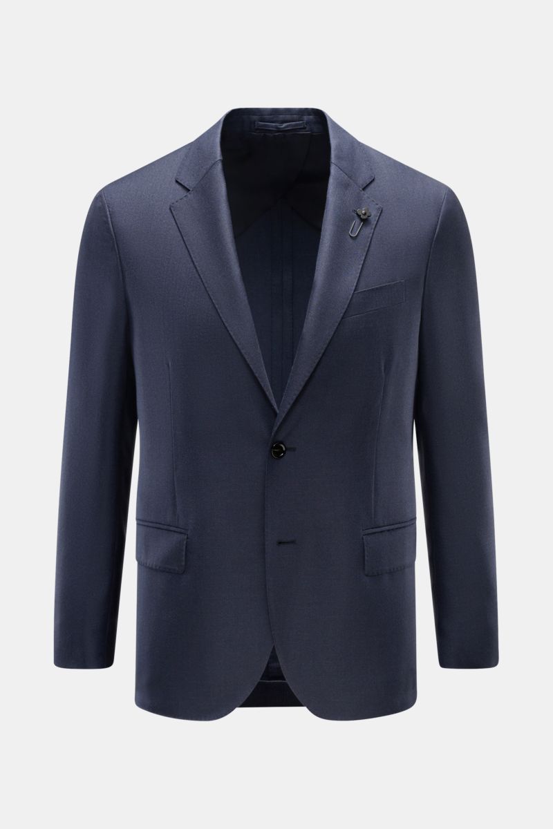 Lardini Cashmere Sakko navy, frontale Ansicht, Slim Fit, reiner Cashmere, weicher Griff, fallendes Revers mit Blüten-Anstecker, taillierter Zwei-Knopf-Stil, Brusttasche, Hüfttaschen mit Patte, unfertige Ärmelabschlüsse, Seitenschlitze, unconstructed Desig