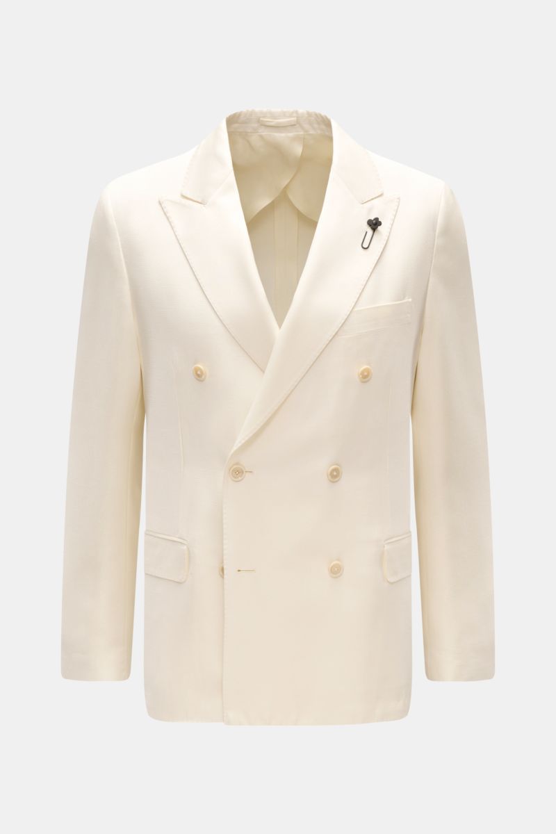 Lardini Sakko creme, frontal aufgenommen, zweireihig mit drei Knöpfen, Spitzrevers, Blüten-Anstecker, Slim Fit, Viskose mit Seide, Seitenschlitze.