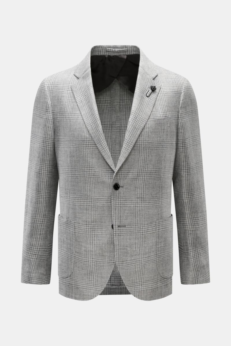 Alt-Tag (124 Zeichen): Vorderansicht des Lardini Sakko grau/hellgrau kariert aus Leinen-Woll-Mix mit zwei Knöpfen und fallendem Revers.