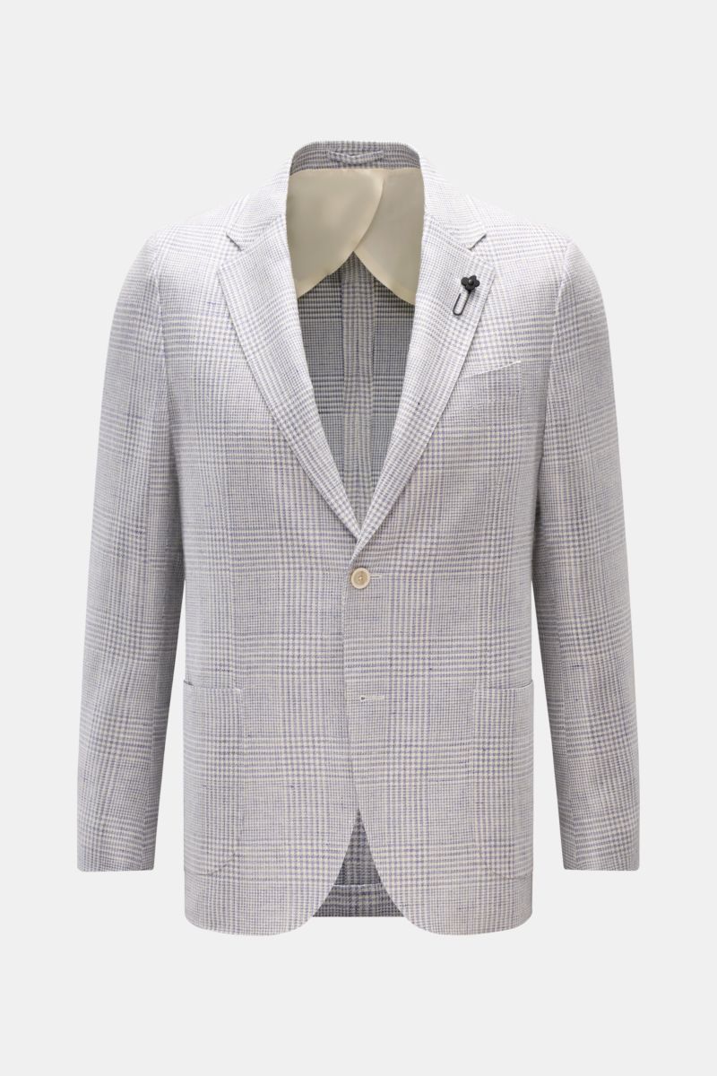 Lardini Sakko rauchblau/offwhite kariert, Slim Fit, Glencheck-Muster, unconstructed Design, Zwei-Knopf-Stil, frontal fotografiert, mit Blüten-Anstecker.