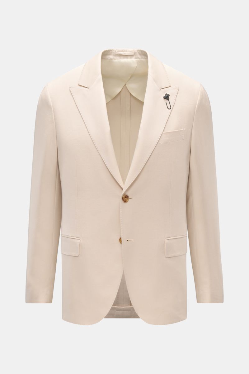 Lardini Sakko sand, frontale Aufnahme, taillierter Slim Fit, Viskose mit Seidenanteil, zwei Knöpfe, Spitzrevers, Blüten-Anstecker, Taschen.