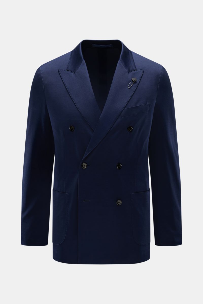 Lardini Jersey-Sakko navy, frontale Ansicht, zweireihig mit drei schwarzen Knöpfen, spitzem Revers, Blüten-Anstecker, Baumwoll-Jersey, Slim Fit, aufgesetzte Taschen.