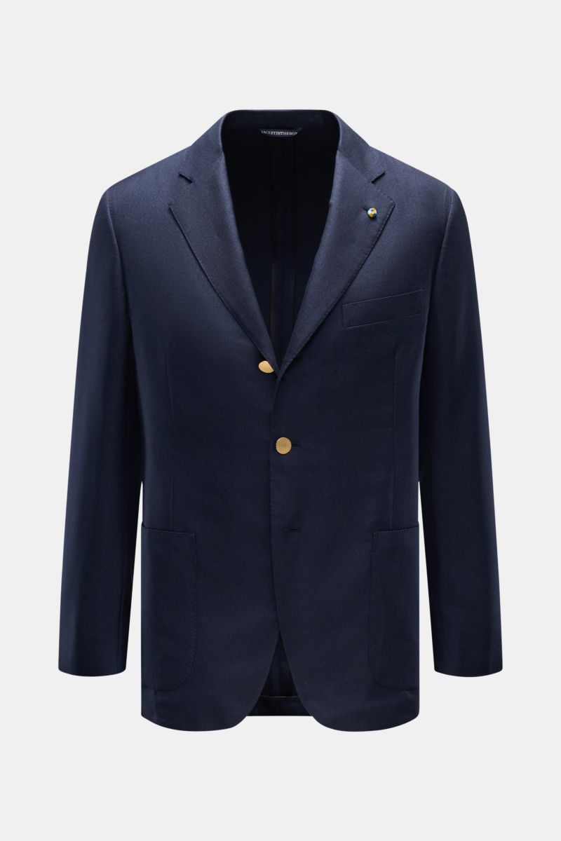 Belvest Sakko navy aus super softem Cashmere-Seiden-Mix, tailliert, Slim Fit, Drei-Knopf-Stil, fallendes Revers, Twill, frontal.