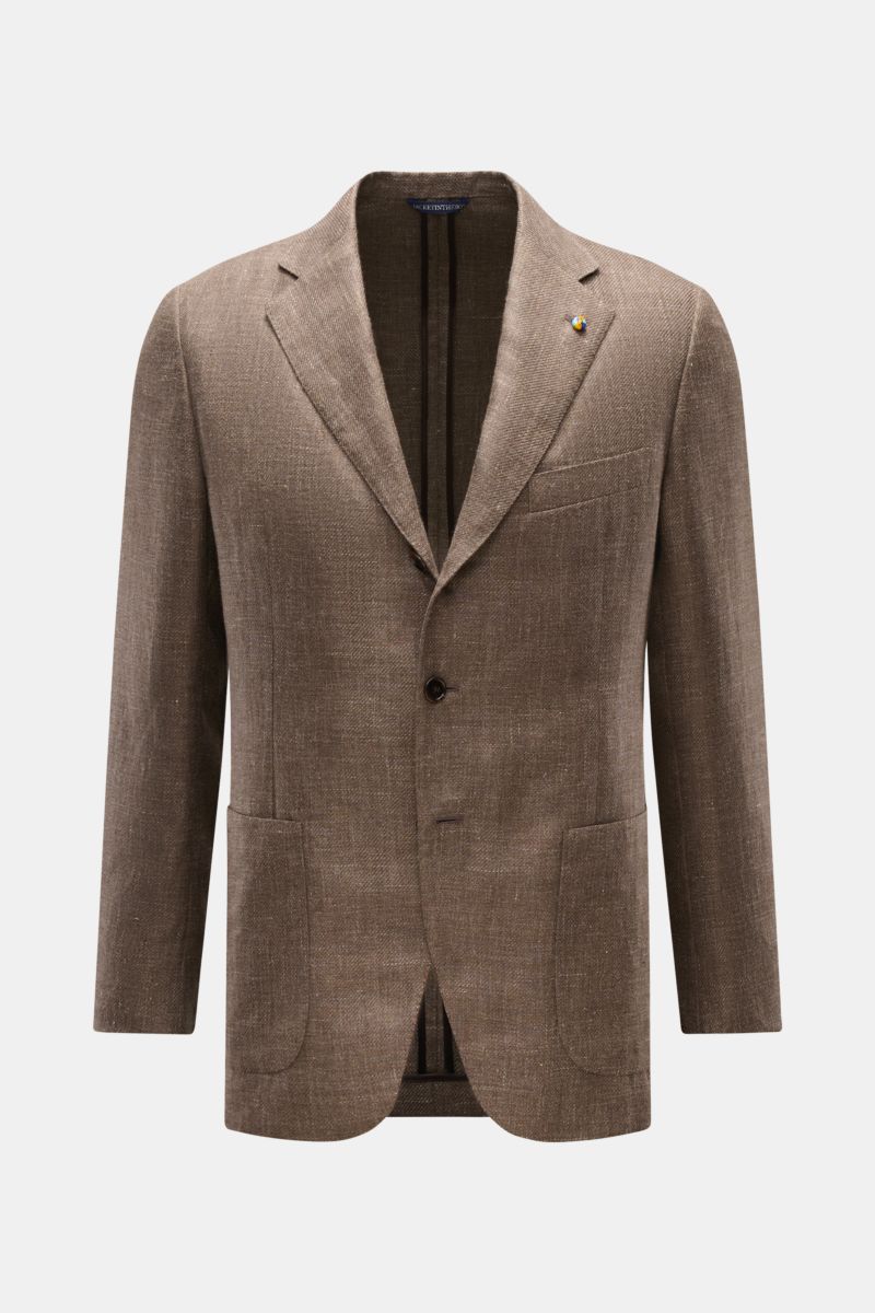 Front view of Belvest Smart-casual jacket grey-brown melange in linen and wool blend, slim fit with step lapel, three buttons, and patch pockets.

Description: Linen and wool form the basis for this unconstructed smart-casual jacket from label BELVEST 