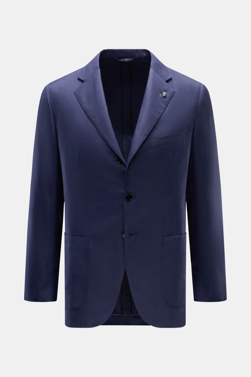 Belvest Smart-casual jacket navy shown from the front, slim fit in soft wool-silk blend with fine twill, three-button style, step lapel with pin, classic breast pocket, patch hip pockets, unfinished sleeve cuffs, side vents, and two inside pockets.