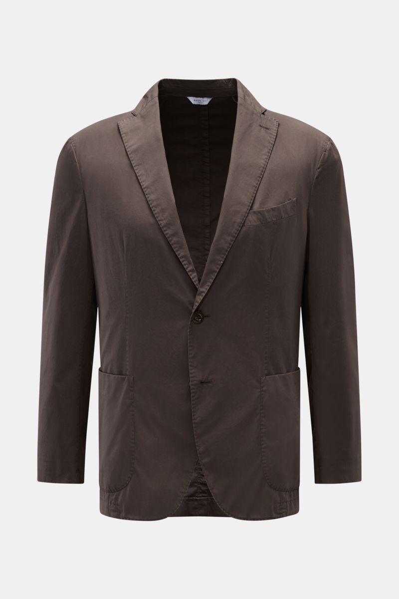 Boglioli Sakko 'K. Jacket' dunkelbraun, Slim Fit, Unconstructed-Design, leichte Baumwolle mit Stretch, frontale Perspektive, zwei Knöpfe, Brust- und Hüfttaschen.