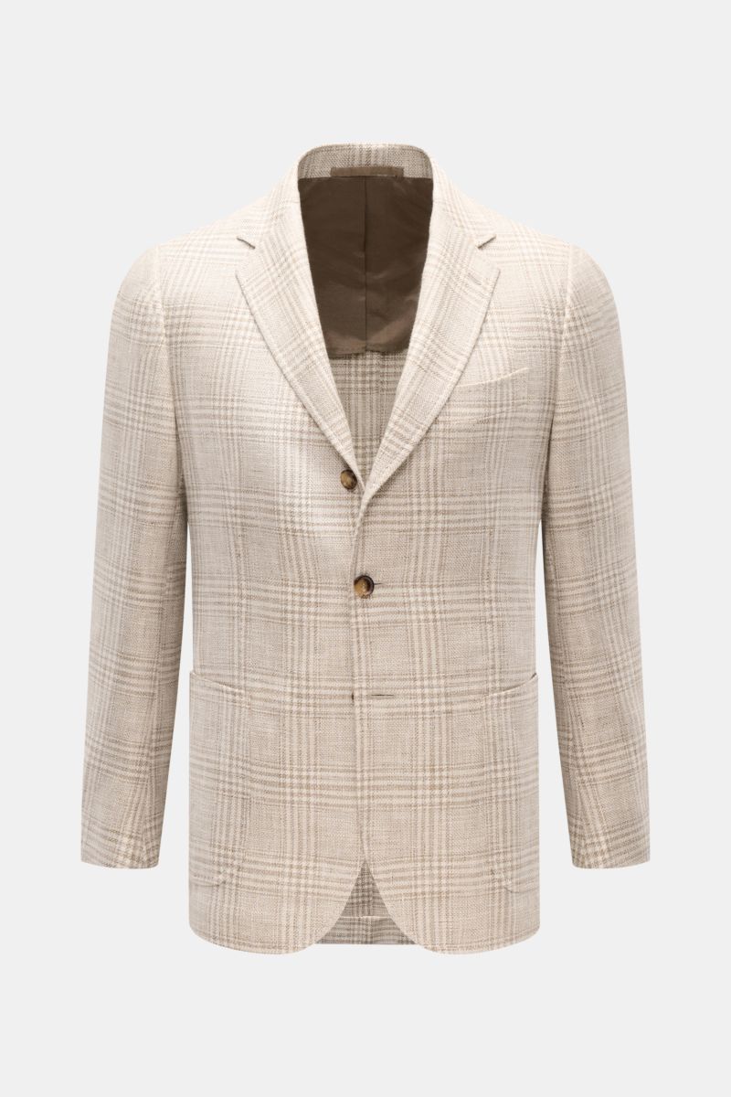 Frontale Aufnahme des Stile Latino Sakkos 'Vincenzo' braun/creme kariert aus leichtem Baumwolle-Wolle-Leinen-Mix, Slim Fit, Glencheck, drei Knöpfe, halbfutter, Brust- und Hüfttaschen.