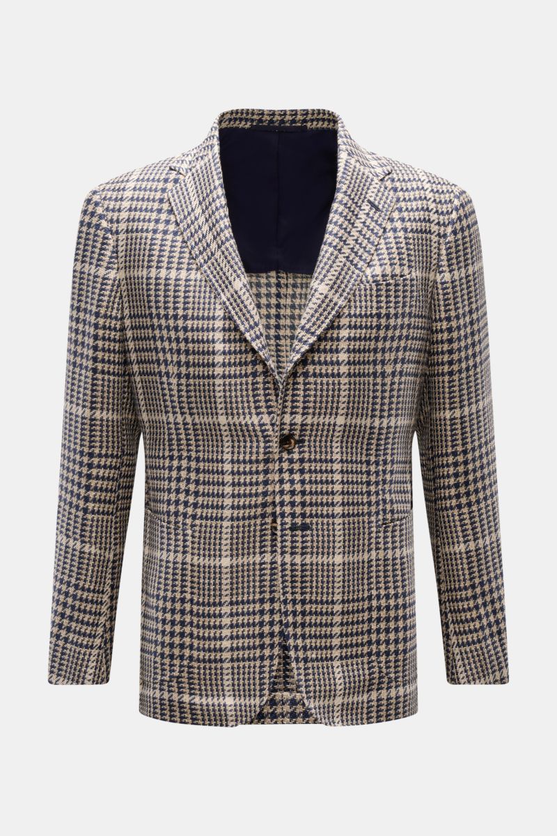 Front view of Stile Latino Smart-casual jacket 'Vincenzo' navy/beige checked, lightweight silk blend, slim fit, classic glen check design.

STILE LATINO presents luxury you can feel with its lightweight smart-casual jacket 'Vincenzo' in a fine silk ble
