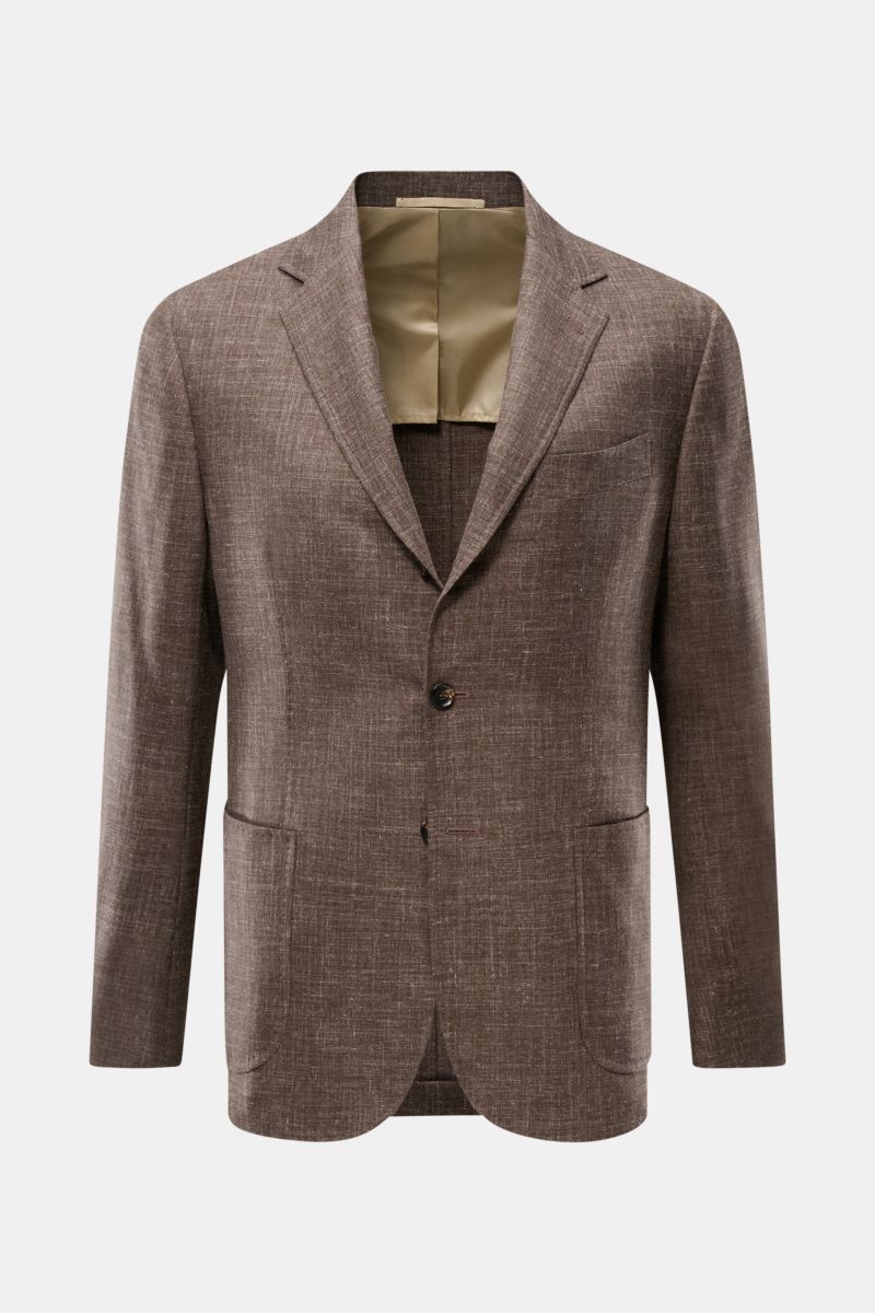 Front view of Stile Latino Smart-casual jacket 'Vincenzo' dark brown mottled, wool-linen blend, slim fit with step lapel and patch pockets.

Description: The classic smart-casual jacket 'Vincenzo' by STILE LATINO has bags of Italian character: effortle