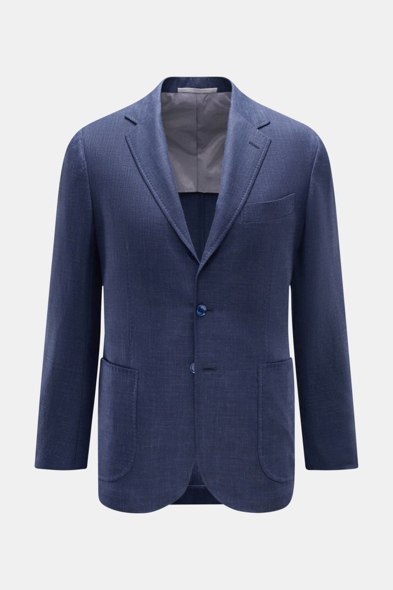 Frontale Nahaufnahme des Stile Latino Sakko 'Vincenzo' navy meliert mit italienischem Charakter, Slim Fit, Wolle-Leinen-Mix, weichem Griff, tailliertem Drei-Knopf-Stil, fallendem Revers, Brusttasche, aufgesetzten Hüfttaschen, unfertigen Ärmelabschlüssen u