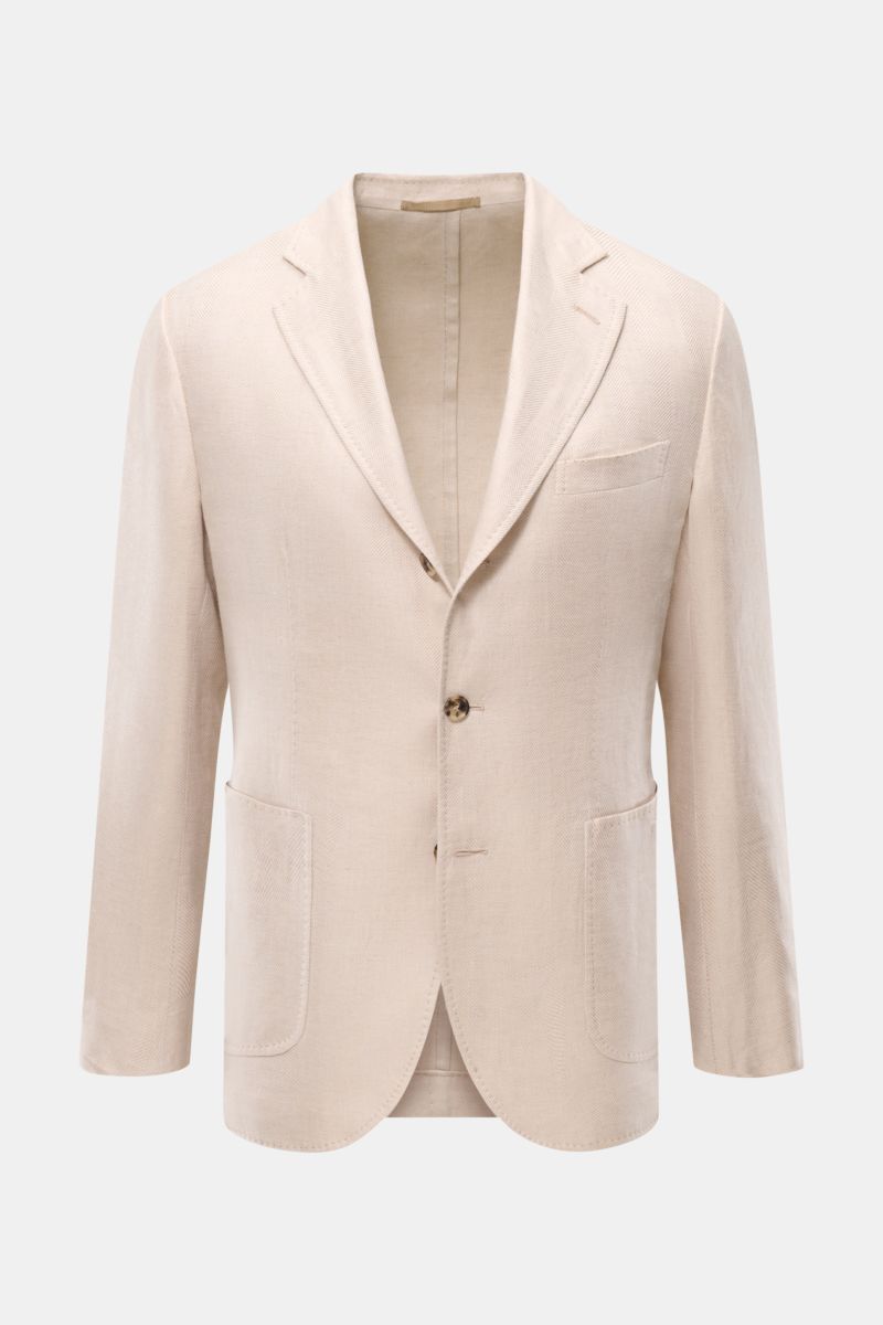 Front view of the Sipario Smart-casual jacket 'Ginza' sand patterned, lightweight linen and cotton blend with tonal herringbone.

Description: Lightweight and stylish: The smart-casual jacket 'Ginza' by SIPARIO features a pared-down, unlined design in lin