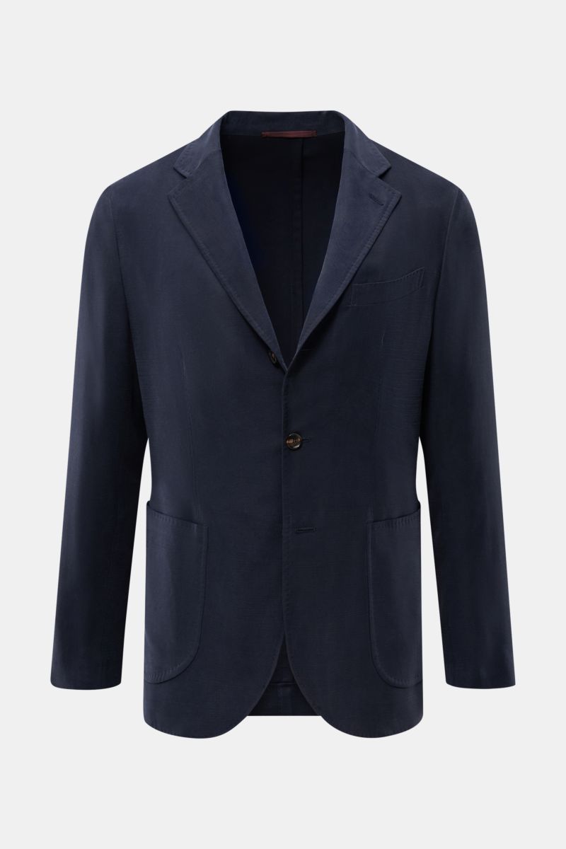 Front view of Sipario Smart-casual jacket 'Ginza' dark navy in lightweight viscose blend with slim fit, three-button style, step lapel, breast and patch hip pockets.

Description: Lightweight and stylish: The smart-casual jacket 'Ginza' by SIPARIO feat