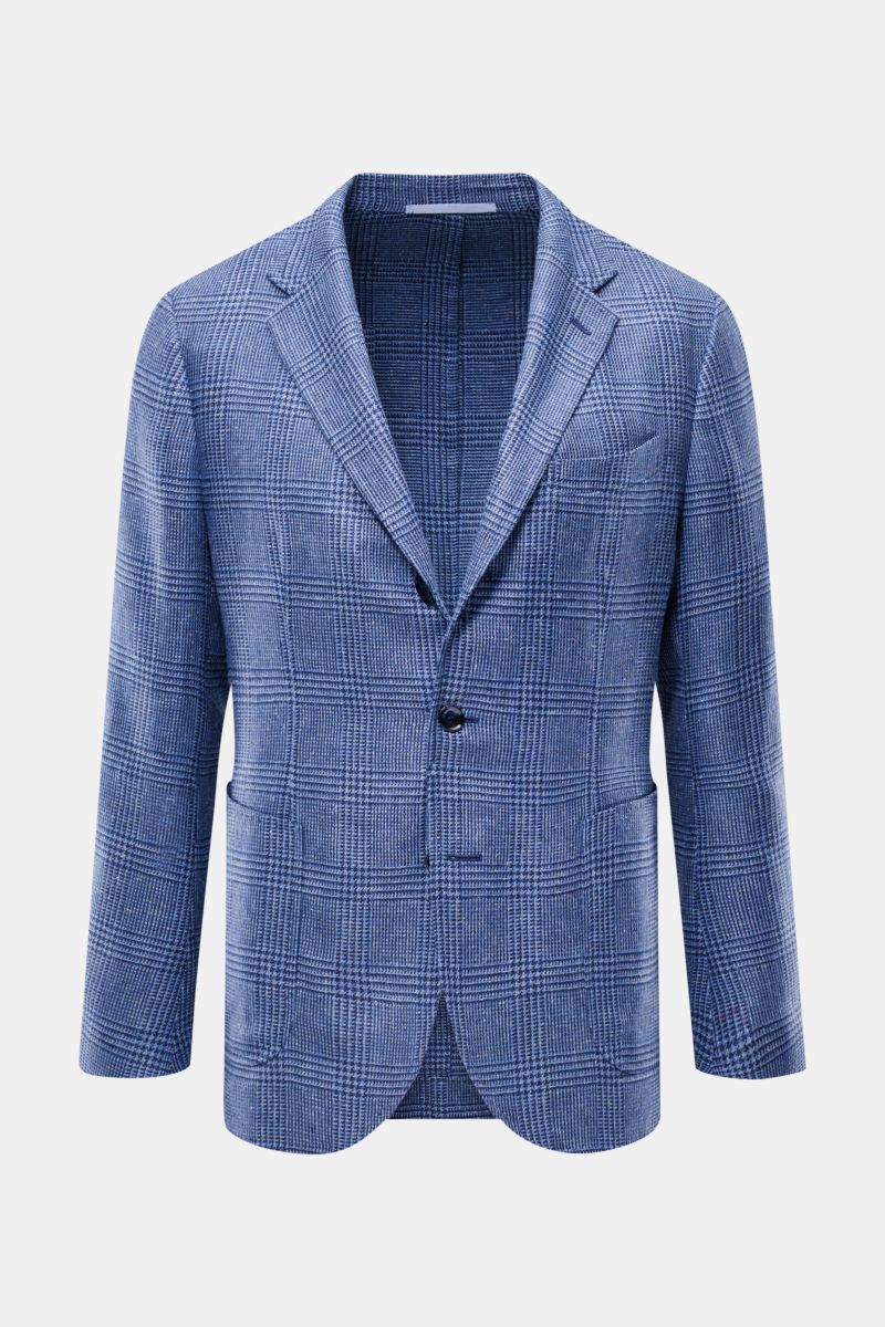 Front view of the Sipario Smart-casual jacket 'Ginza' grey-blue/black checked, lightweight linen and silk blend with slim fit.

Detailed description: Lightweight and stylish: The smart-casual jacket 'Ginza' by SIPARIO features classic glen check in a ligh