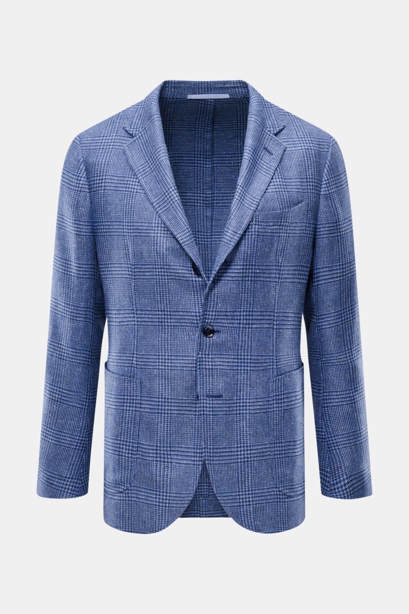 Sipario Sakko 'Ginza' graublau/schwarz kariert, Slim Fit, leichter Leinen-Seide-Mix, Glencheck, tailliert, Drei-Knopf, fallendes Revers, frontal fotografiert.