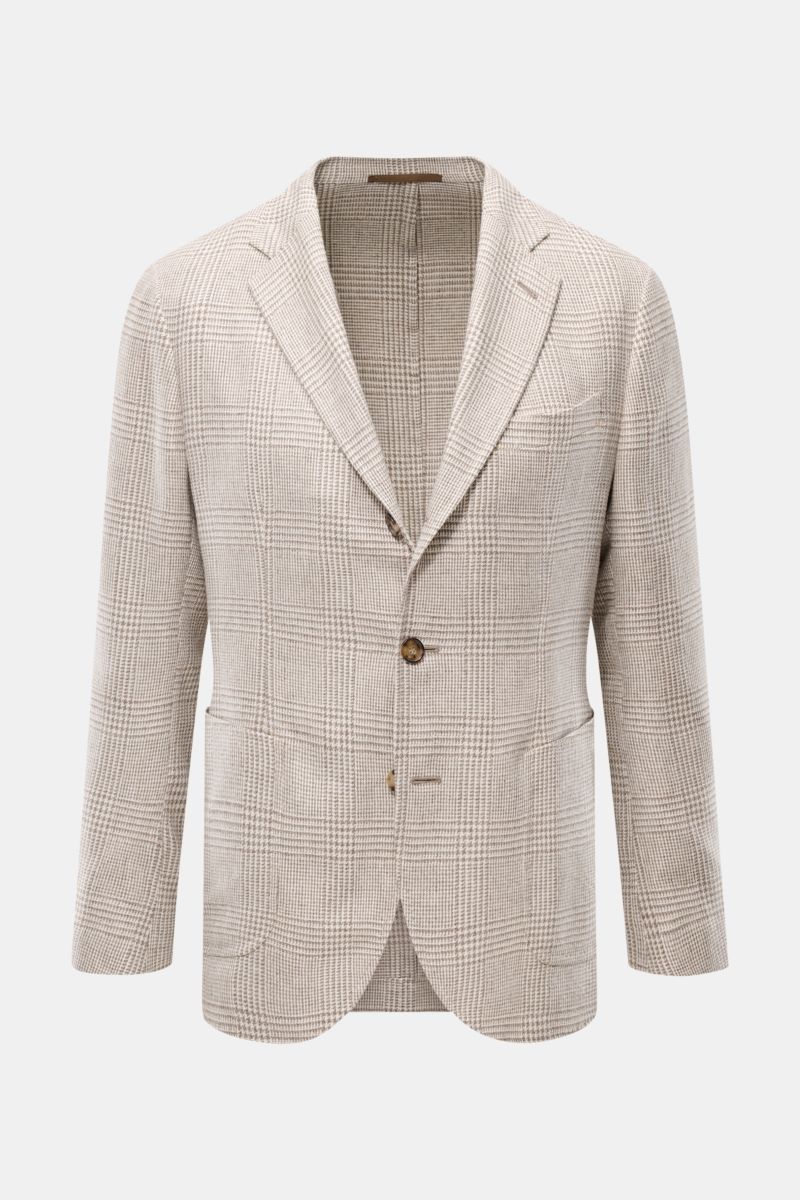 Front view of Sipario Smart-casual jacket 'Ginza' taupe/cream checked with slim fit, classic glen check, linen-silk blend, three-button style, step lapel, breast and patch hip pockets.

Description: Lightweight and stylish: The smart-casual jacket 'Ginza'