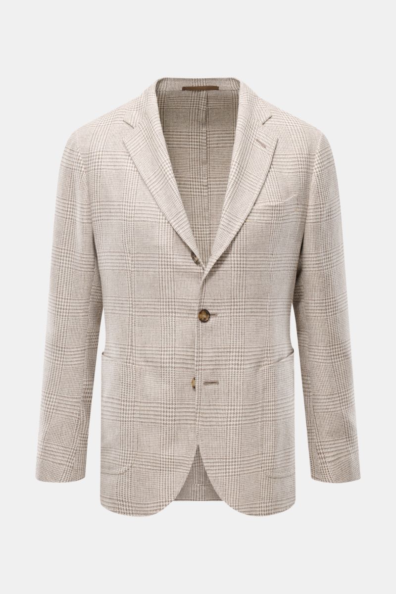 Sipario Sakko 'Ginza' taupe/creme kariert, Slim Fit, leichter Leinen-Seide-Mix, Glencheck, tailliert, Drei-Knopf, fallendes Revers, Brust- und Hüfttaschen.