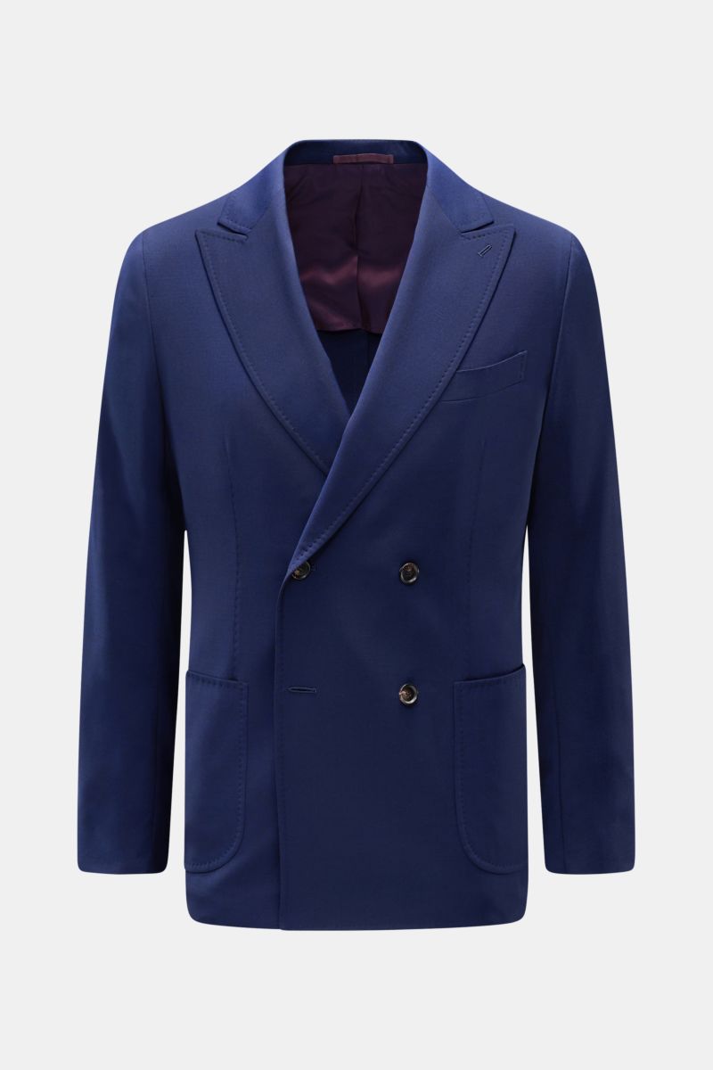Sipario Sakko 'Ivan' dunkelblau, Slim Fit, zweireihig mit zwei Knöpfen, Spitzrevers, Brusttasche, aufgesetzte Hüfttaschen, vorne fotografiert.
