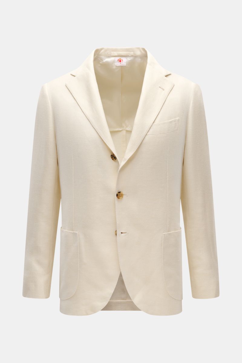 Front view of Borrelli Smart-casual jacket 'Procida' cream in lightweight linen, silk, cotton blend, slim fit with step lapel, three-button style, classic breast pocket, patch hip pockets, unfinished sleeve cuffs, side vents, half lined, and two inside po